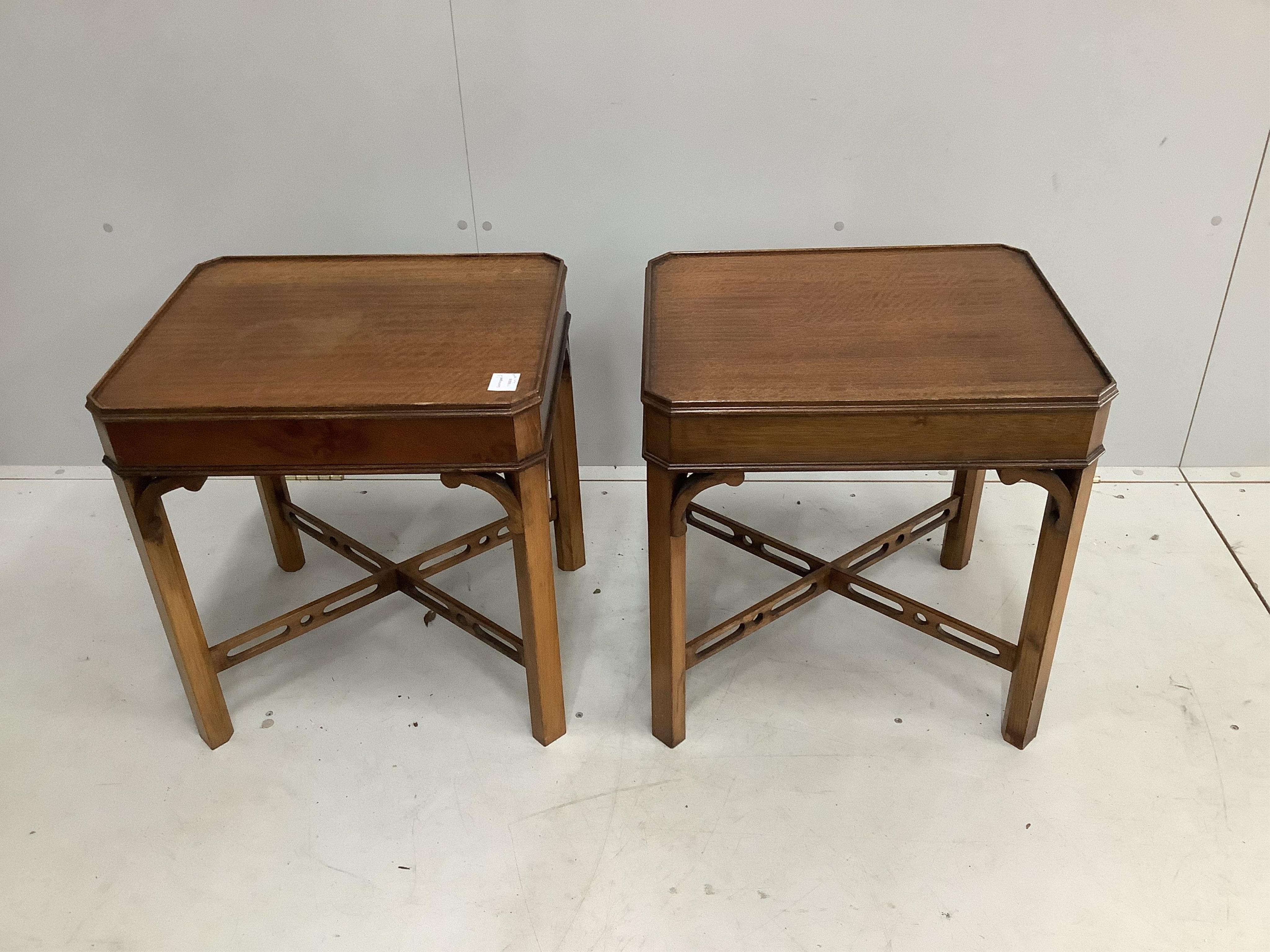 Three (two plus one) reproduction George III style mahogany occasional tables, largest width 52cm, depth 43cm, height 54cm. Condition - fair